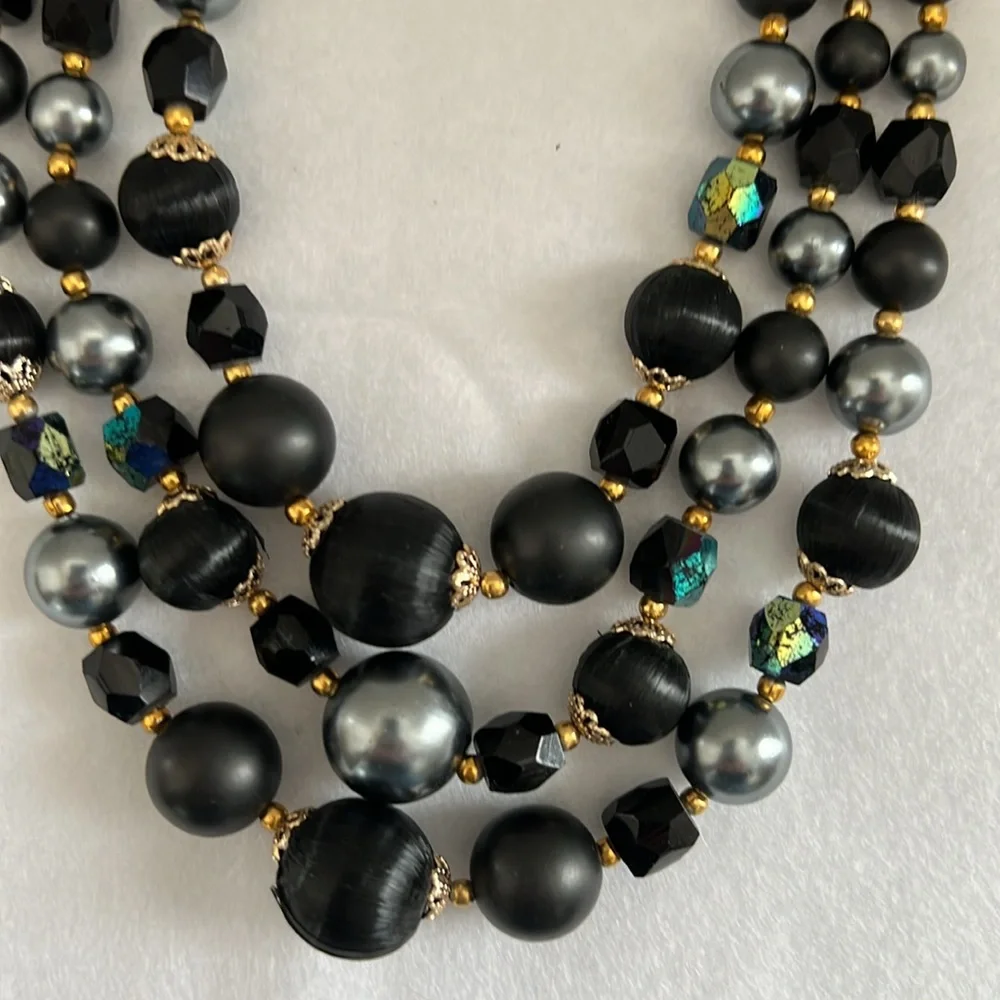 Vintage Triple-Strand Black Statement Necklace